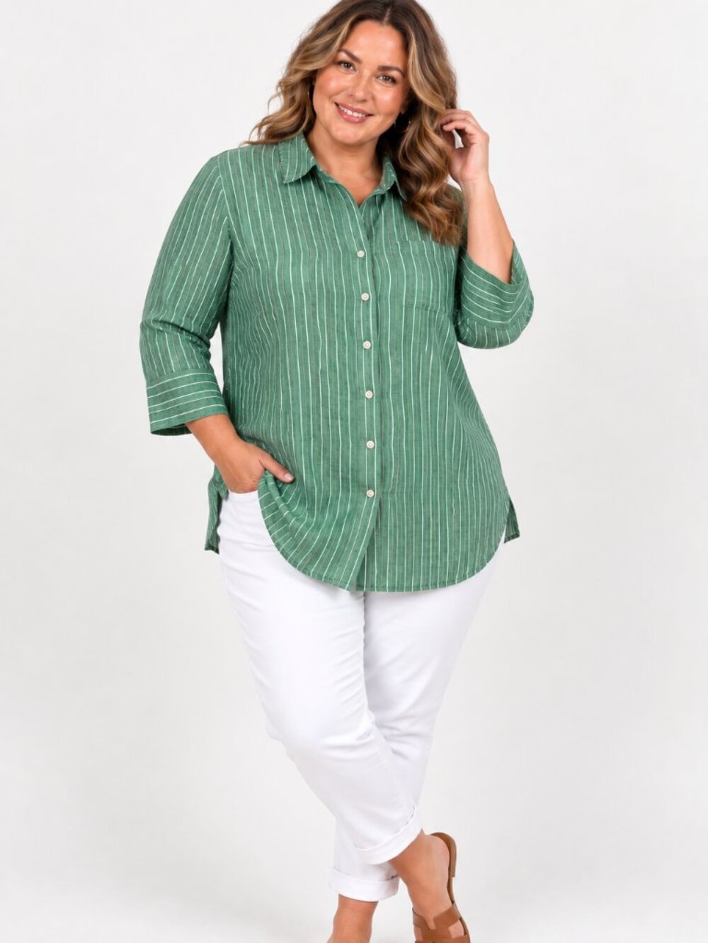 Talbots Plus 1X Green White Stripe 100% Linen Button Down Shirt 3/4 Sleeve